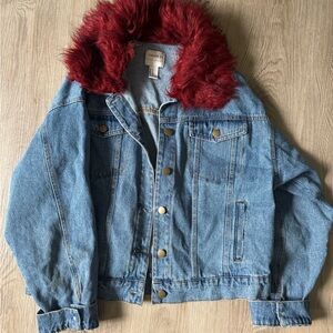 Denim Jacket with Red Faux Fur Collar